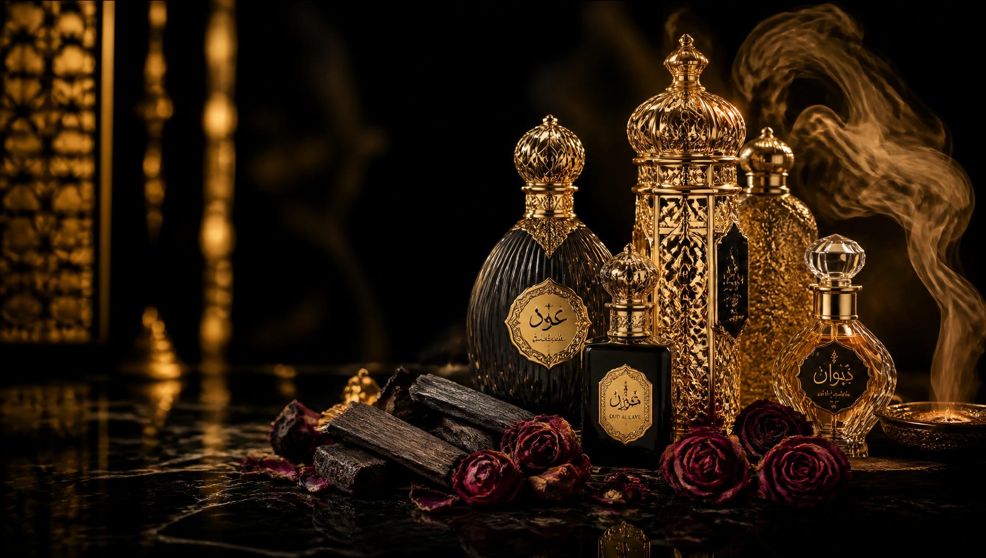 Colección de perfumes árabes con madera de oud y rosas